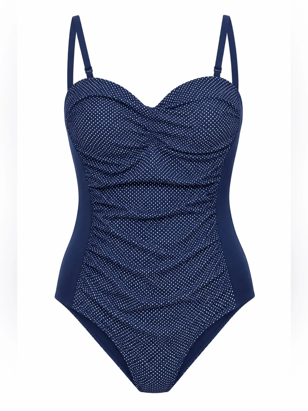 Nip Tuck Swim One Piece Swimsuit Navy Blue Polka Dot Ruched Multi Fit Cup - 6